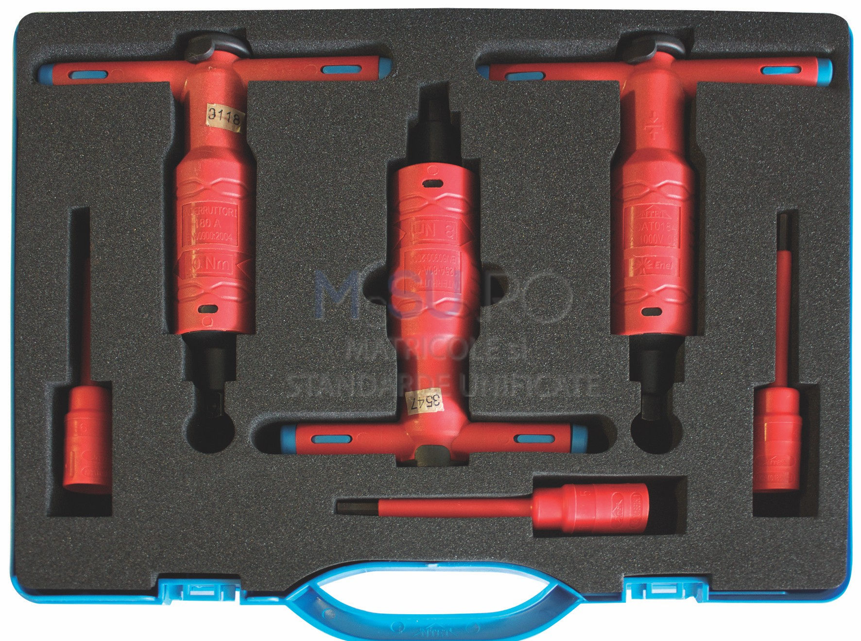 Set di chiavi a “T” dinamometriche (8, 10 e
15 Nm) maschio quadro A10 3/8” completo
di bussole isolate